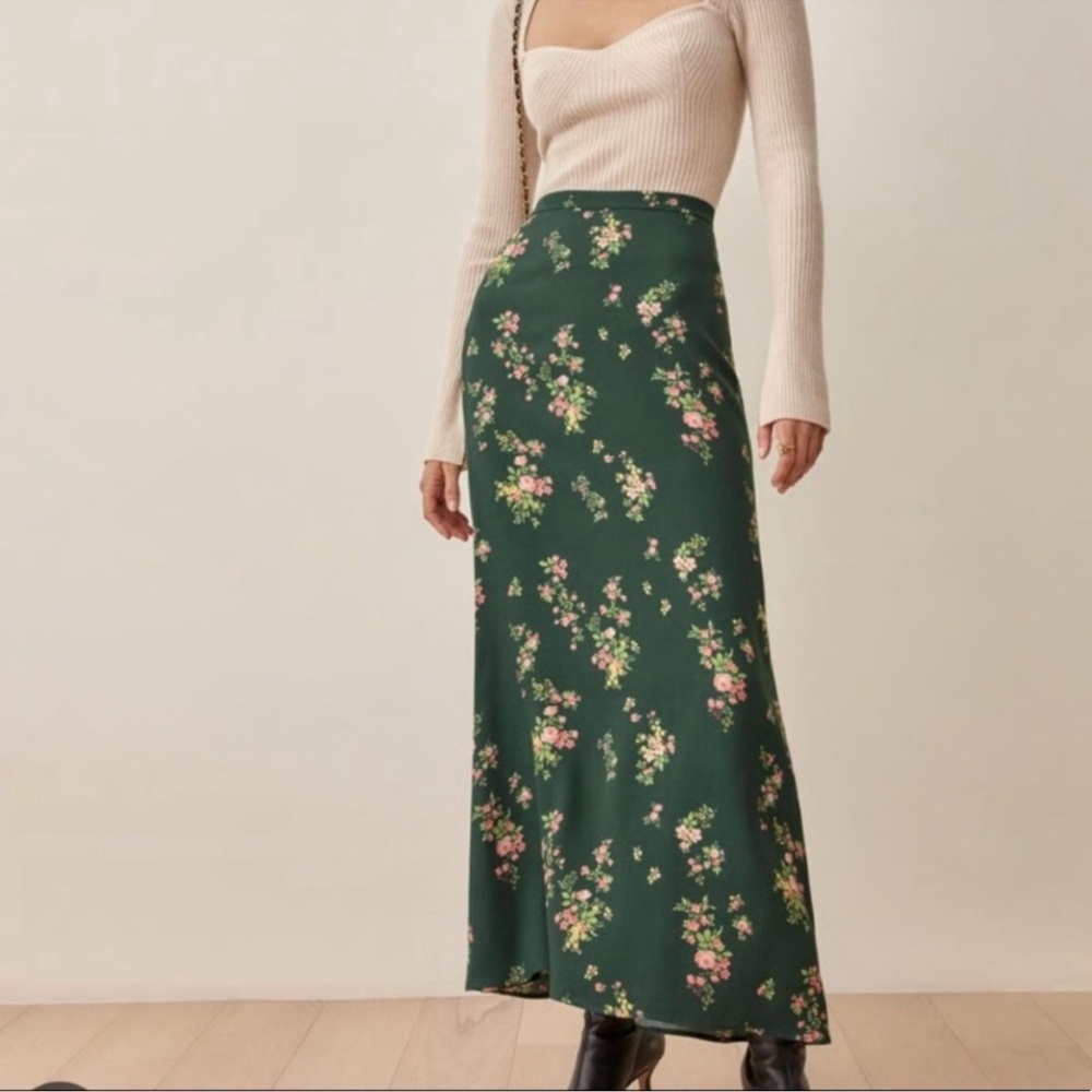 Reformation Green Floral Maxi Skirt